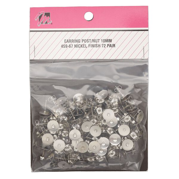 Earstud 1pkg144, 10mm round / 10mm flat pad setting / earnuts, nickel-finished brass 72 pair image number 0