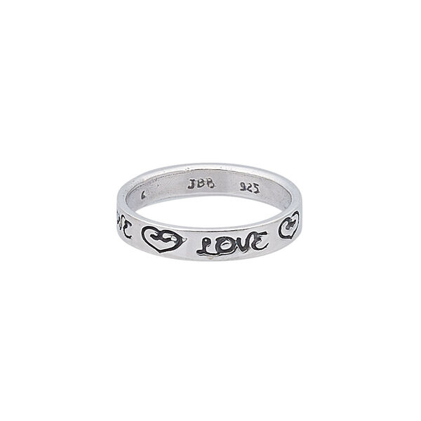 Ring, sterling silver, 3.5mm wide with "LOVE" and hearts design, size 6. Sold individually. image number 0