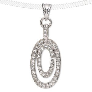 Pendant, Preciosa Czech glass rhinestone and silver-plated pewter (tin-based alloy), clear, 39x19mm open double oval. Sold individually.
