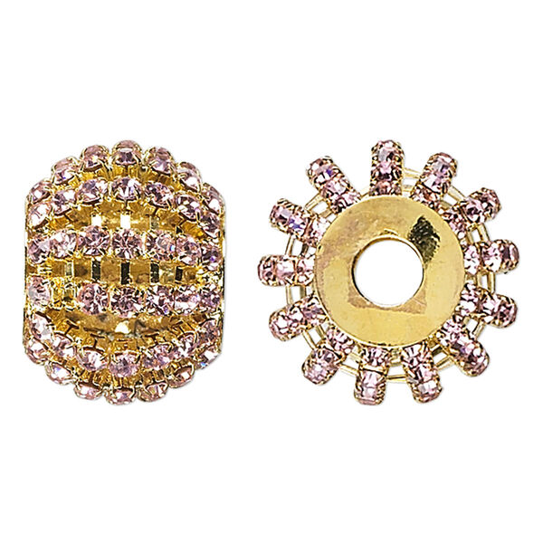 Bead, glass rhinestone and gold-finished brass, pink, 25x20mm barrel with 3mm chatons, 6.5mm hole. Sold individually. image number 0