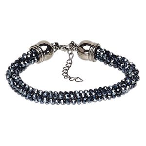 Bracelet, glass / gunmetal-coated plastic / gunmetal-plated steel / "pewter" (zinc-based alloy), metallic black, 7.5mm wide, 8-1/2 inches with 1-1/2 inch extender chain and lobster claw clasp. Sold individually.