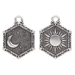 Charm, TierraCast®, "Celestial" collection, antique silver-plated pewter (tin-based alloy), 24.5x21.5mm 2-sided hexagon with sun and moon design. Sold pkg of 10.