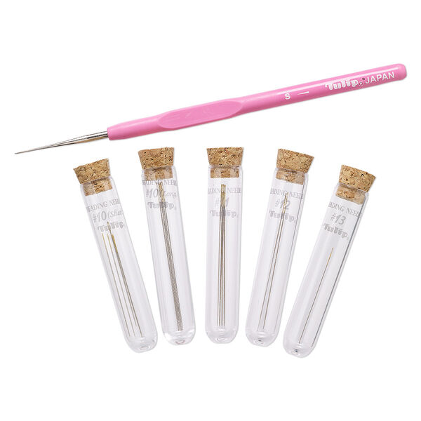 Needle, Tulip, nickel- and gold-plated steel, pink, assorted sizes and lengths with beading awl. Sold per 16-piece set. image number 0