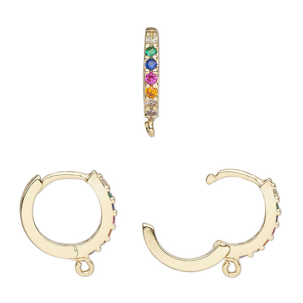 Hoop, gold-finished brass / glass / cubic zirconia, multicolored, 15mm hoop, 17 gauge. Sold per pair. image number 0