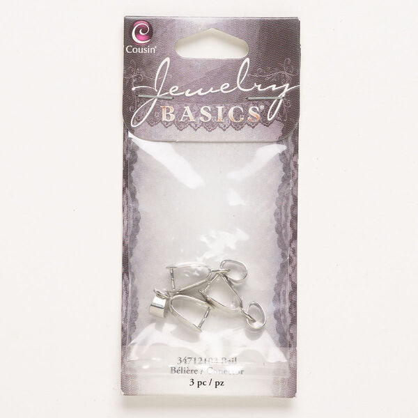 Bail, ice-pick, brass, pkg/3, silver finish, 11x5mm teardrop with 8mm grip length. image number 0