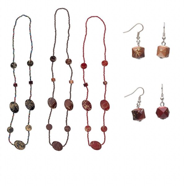 Necklace and earring mix, acrylic and imitation rhodium-finished steel, mixed colors, 30x25mm flat oval, 34-inch continuous loop, 1-1/10 inch earrings with fishhook ear wire. Sold per pkg of 6 sets. image number 0