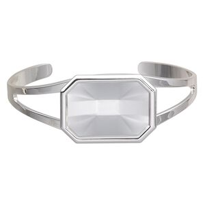 Bracelet, Almost Instant Jewelry®, cuff, silver-plated brass and "pewter" (zinc-based alloy), 60x24mm with 27x18.5mm emerald-cut setting, adjustable. Sold individually.