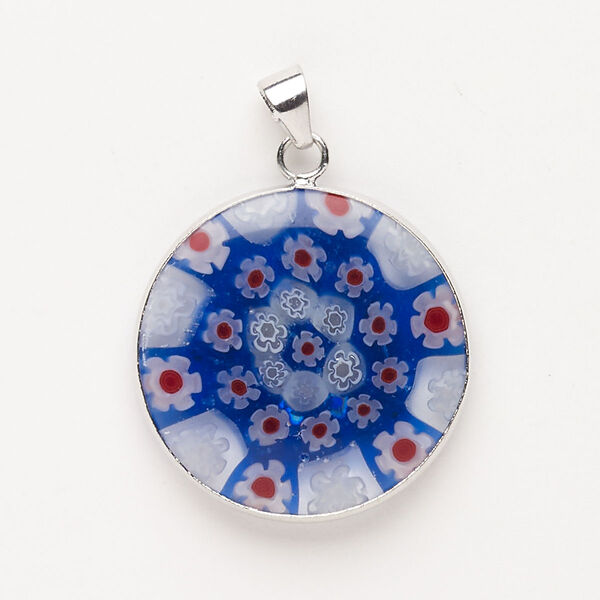 Pendant, "pewter" (zinc-based alloy) / brass / millefiori glass, pkg/1, 29mm round, silver finish and translucent multicolored. image number 0