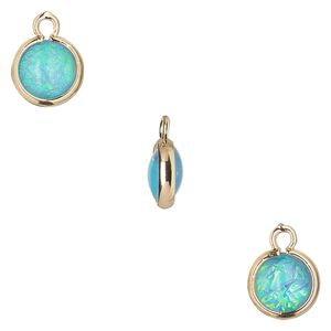 Drop, Opalized Ice™, "opal" (resin) and gold-finished brass, light blue, 9.5mm double-sided round. Sold per pkg of 6.