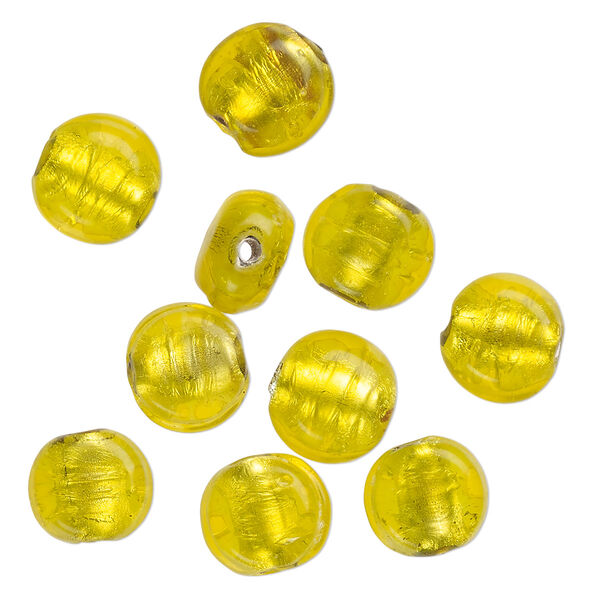 Bead, lampworked glass, opaque yellow, 12x7mm-10x6mm flat round with silver-colored foil. Sold per pkg of 10. image number 0