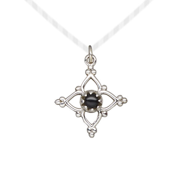 Black onyx / sterling silver 1pkg1, antiqued open beaded diamond drop 17x17mm image number 0
