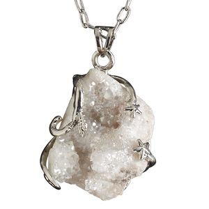 Necklace, electroplated druzy agate (coated) and imitation rhodium-plated brass, white, 30x20mm-38x28mm hand-cut wire-wrapped freeform, 20 inches with 2-1/2 inch extender chain and lobster claw clasp. Sold individually.