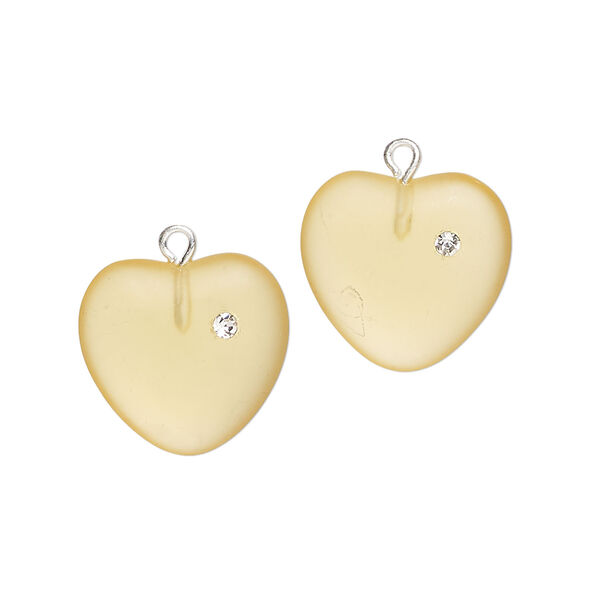 Drop 1pkg2, silver-plated brass / glass / cubic zirconia, translucent yellow and clear, 16mm frosted heart. image number 0