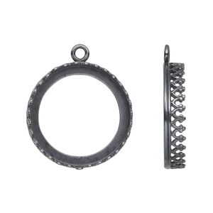 Drop, JBB Findings, gunmetal-plated brass, 22mm round with decorative trim, 20mm round  bezel setting. Sold per pkg of 2.