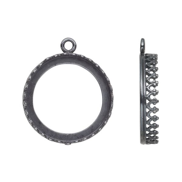 Drop, JBB Findings, gunmetal-plated brass, 22mm round with decorative trim, 20mm round  bezel setting. Sold per pkg of 2. image number 0