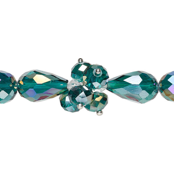 Bead, glass and silver-finished brass, translucent dark green AB and clear, 4mm faceted bicone / 8x6mm faceted rondelle / 15x10mm faceted teardrop. Sold per 8-inch strand. image number 0