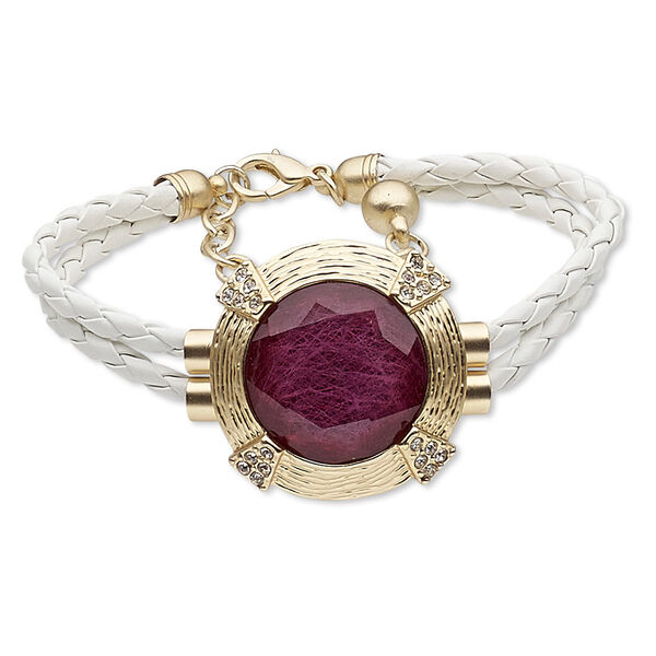 Bracelet, leather (dyed) / glass rhinestone / nylon / gold-finished steel / "pewter" (zinc-based alloy), white / purple / clear, 40mm matte round, 7-1/2 inches with 2-inch extender chain and lobster claw clasp. Sold individually. image number 0