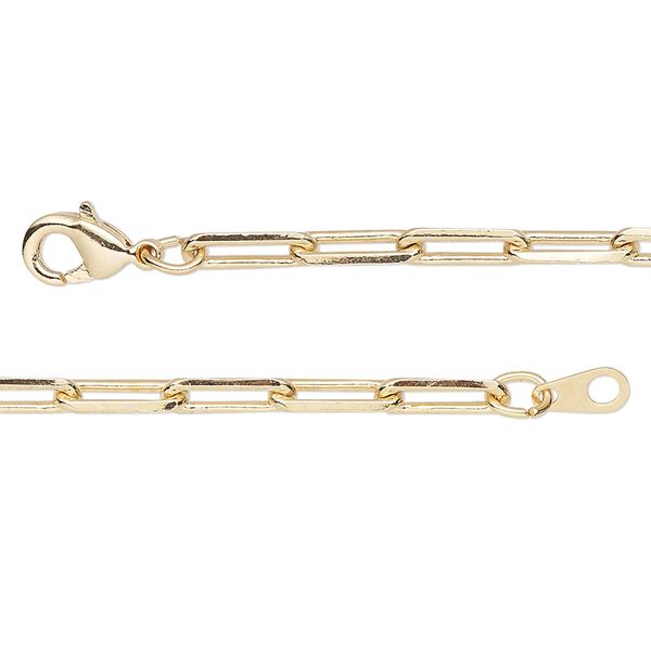 Chain, gold-finished brass, 3.3mm paperclip, 24 inches with lobster claw clasp. Sold individually. image number 0