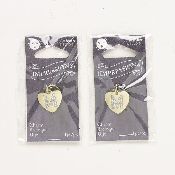 Charm, gold-finished "pewter" (zinc-based alloy) / steel / acrylic rhinestone, clear, 15.5x15mm single-sided puffed heart with letter "M." Sold per pkg of 2. image number 0