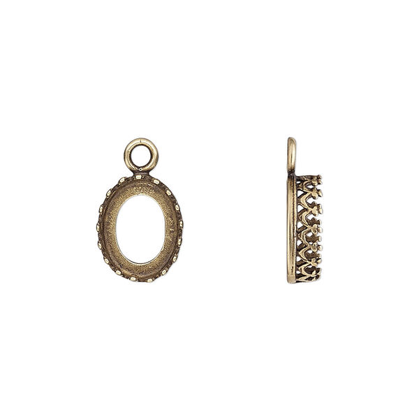 Drop, JBB Findings, antiqued brass, 11.5x9mm oval with open back and decorative trim, 10x8mm oval bezel setting. Sold per pkg of 2. image number 0