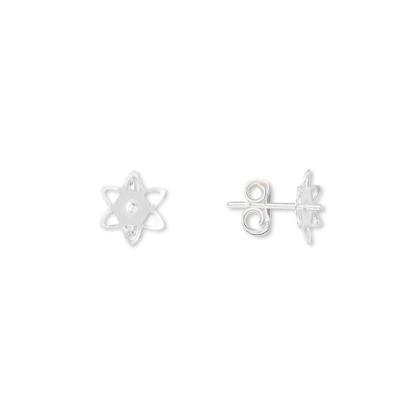 Earstud, sterling silver, 7mm flower with 2mm peg, fits 4-6mm half-drilled bead. Sold per pair. image number 0