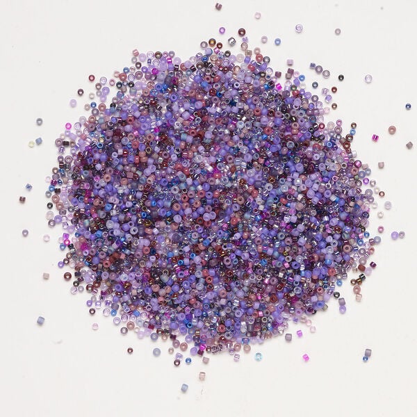 Seed bead mix, glass, 1pkg25g, #15 to #11 round, opaque and translucent multi-purple image number 1