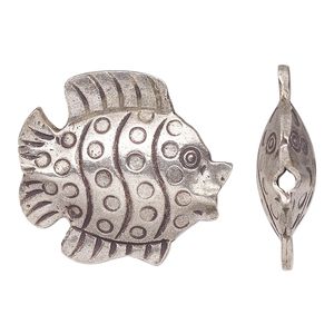 Bead, Hill Tribes, antiqued sterling silver, 28x26mm double-sided fish. Sold individually.