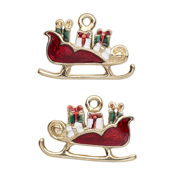 Charm, gold-finished "pewter" (zinc-based alloy) and enamel, red / white / green, 25x15mm left- and right-facing single-sided Christmas sleigh. Sold per pair. image number 0