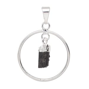 Pendant, Everyday Jewelry, silver-plated brass and black tourmaline (natural), 30x25mm-32x27mm open round. Sold individually.
