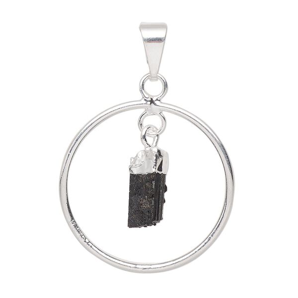 Pendant, Everyday Jewelry, silver-plated brass and black tourmaline (natural), 30x25mm-32x27mm open round. Sold individually. image number 0