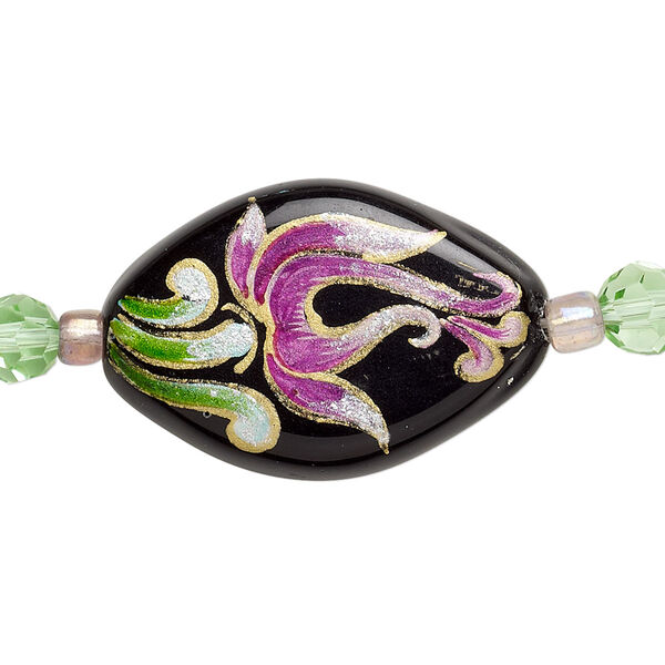 Bead, glass and lampworked glass, black and multicolored, 6mm faceted round and 28x20mm double-sided flat oval with hand-painted flower. Sold per 7-inch strand. image number 0