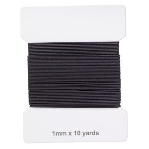 Cord, elastic rubber and nylon, black, 1mm diameter. Sold per pkg of 10 yards.