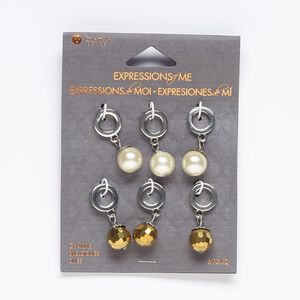 Drop, acrylic / acrylic pearl / silver-finished "pewter" (zinc-based alloy) / steel, cream and topaz, 28x11mm round and faceted round with 6.5mm hole. Sold per pkg of 6.