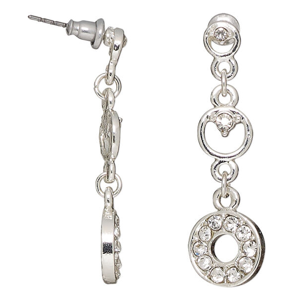 Earring, glass rhinestone / stainless steel / antique silver-finished "pewter" (zinc-based alloy), 1-1/2 inches with circles and post. Sold per pair. image number 0