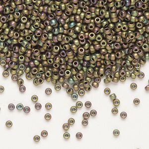 Seed bead, Miyuki, glass, pkg/25g, #11 rocaille, opaque matte metallic iris khaki patina (RR-2069).