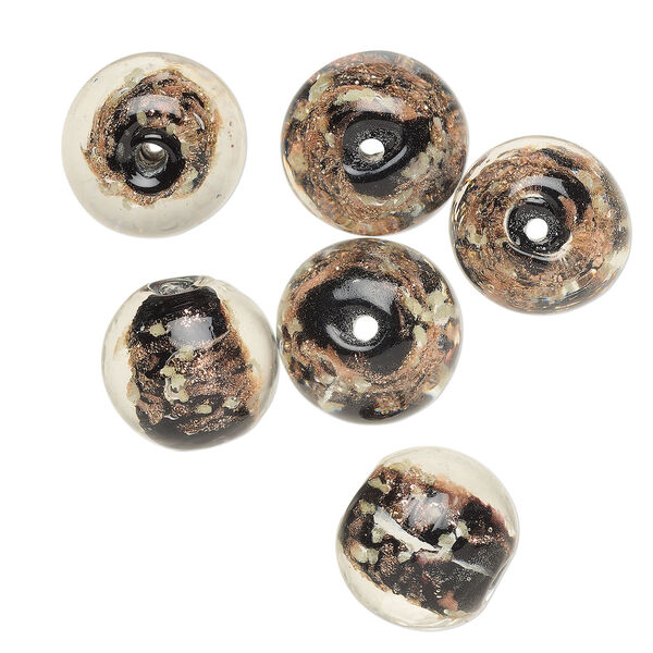 Bead, lampworked glass, clear / black / glow-in-the-dark / gold, 12mm round. Sold per pkg of 6. image number 0