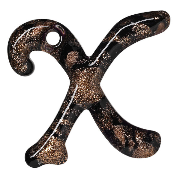 Focal, lampworked glass, semitransparent black and clear with copper-colored glitter, 41x36mm single-sided letter X with 3.5-4.5mm hole. Sold individually. image number 0