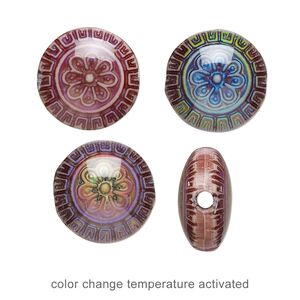 Bead, acrylic, multicolored, 16mm color-changing puffed flat round with fancy design. Sold per pkg of 4.