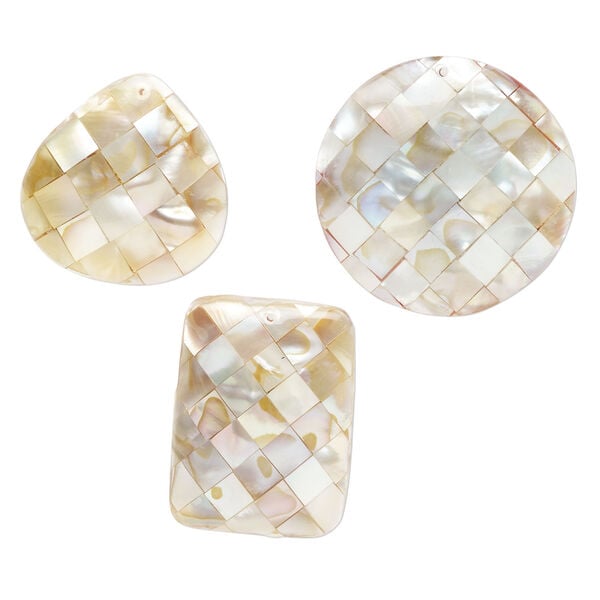 Focal mix, black lip shell / gold lip shell / mother-of-pearl shell / resin (assembled) 1pkg3, 43x42mm-47x46mm top-drilled and undrilled 2sided domed puffed mixed shapes with checkerboard pattern. image number 0