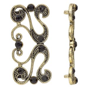 Spacer, antiqued gold-finished "pewter" (zinc-based alloy) and Czech glass rhinestone, black, 40x19mm 2-strand fancy rectangle with flourish design. Sold per pkg of 4.