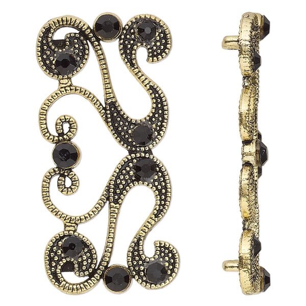 Spacer, antiqued gold-finished "pewter" (zinc-based alloy) and Czech glass rhinestone, black, 40x19mm 2-strand fancy rectangle with flourish design. Sold per pkg of 4. image number 0