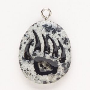 Focal, steel and sesame jasper (natural), pkg/1, silver finish and black, 30x24mm-39x27mm single-sided puffed freeform with bear claw, C grade.