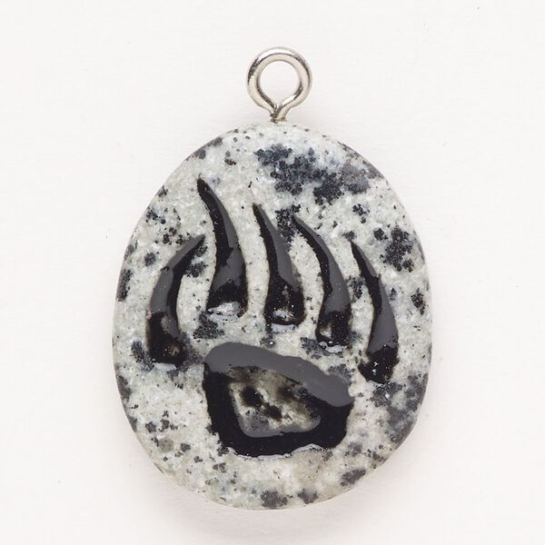 Focal, steel and sesame jasper (natural), pkg/1, silver finish and black, 30x24mm-39x27mm single-sided puffed freeform with bear claw, C grade. image number 0