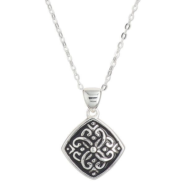 Necklace, Create Compliments®, sterling silver and enamel, black, 15.5mm diamond with dot and swirl design, adjustable at 16 and 18 inches with springring clasp. Sold individually. image number 0