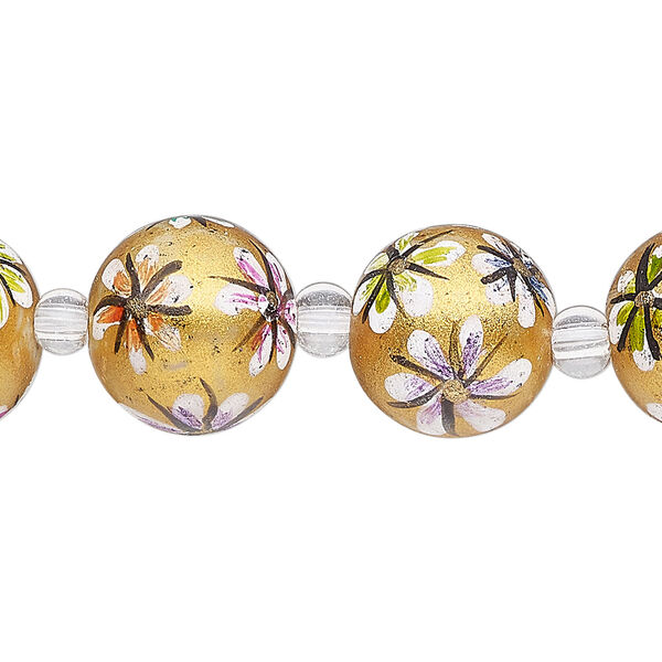 Bead, glass 1pkg8, multicolored, 14mm round with hand-painted flower. image number 0