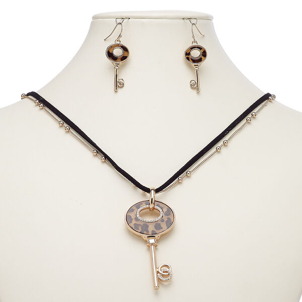 Necklace and earring set, Everyday Jewelry, faux suede / resin / crystals / rose gold-finished steel / brass / "pewter" (zinc-based alloy), black / brown / crystal clear, 60x30mm key, 20-inch necklace with 2-inch extender chain and lobster claw clasp, 43mm earrings with fishhook ear wire. Sold per set. image number 0