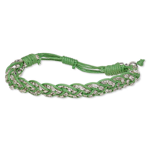Bracelet, waxed cotton cord / glass rhinestone / silver-finished brass, green and clear, 13mm wide with cupchain, adjustable from 6-1/2 to 8 inches with wrapped knot closure. Sold individually. image number 0