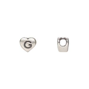 Bead, sterling silver, 7.5x7mm heart with alphabet letter "G." Sold individually.