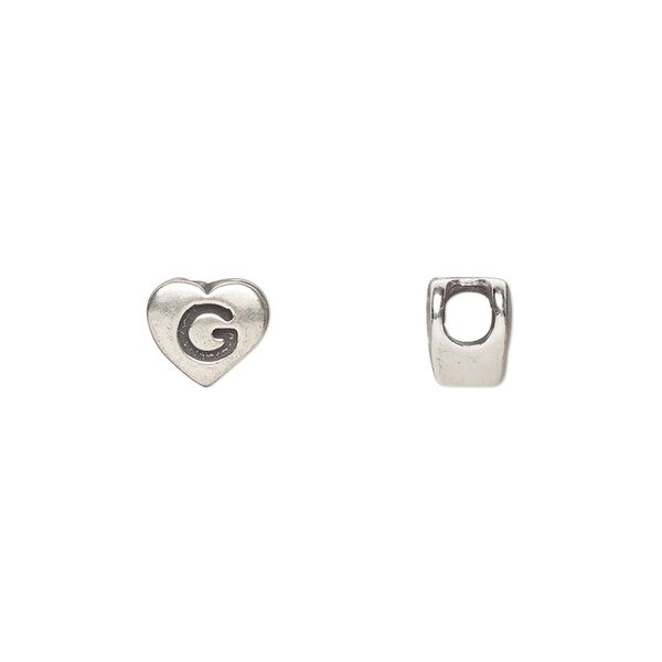 Bead, sterling silver, 7.5x7mm heart with alphabet letter "G." Sold individually. image number 0