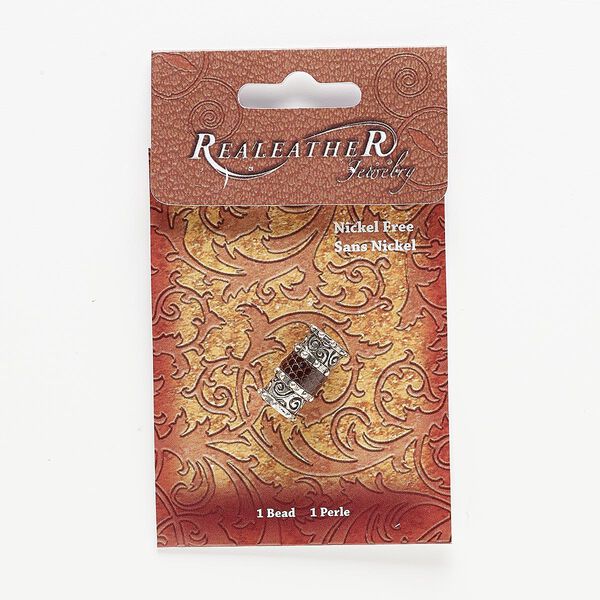 Bead, leather and antiqued silver-finished "pewter" (zinc-based alloy), brown, 22x12mm round tube with beaded and swirl design, 6-6.5mm hole. Sold individually. image number 0